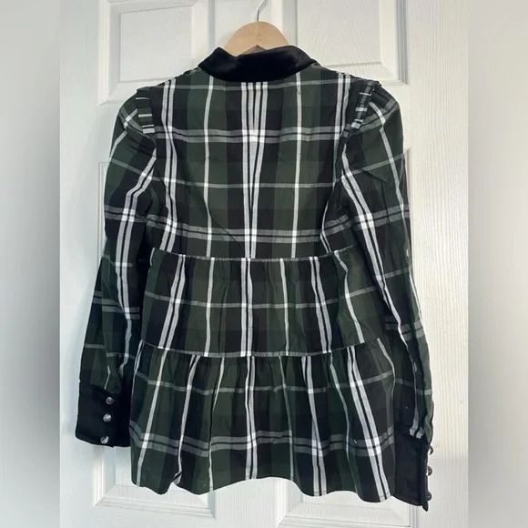 Tuckernuck Bristol Tartan Plaid Peplum Top XS Green Velvet Collar NWT - Picture 5 of 10